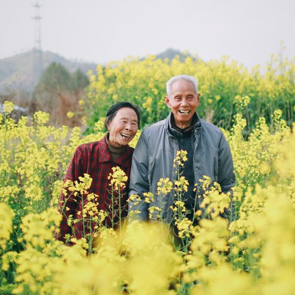 man and woman standing surrounded by yellow flowers