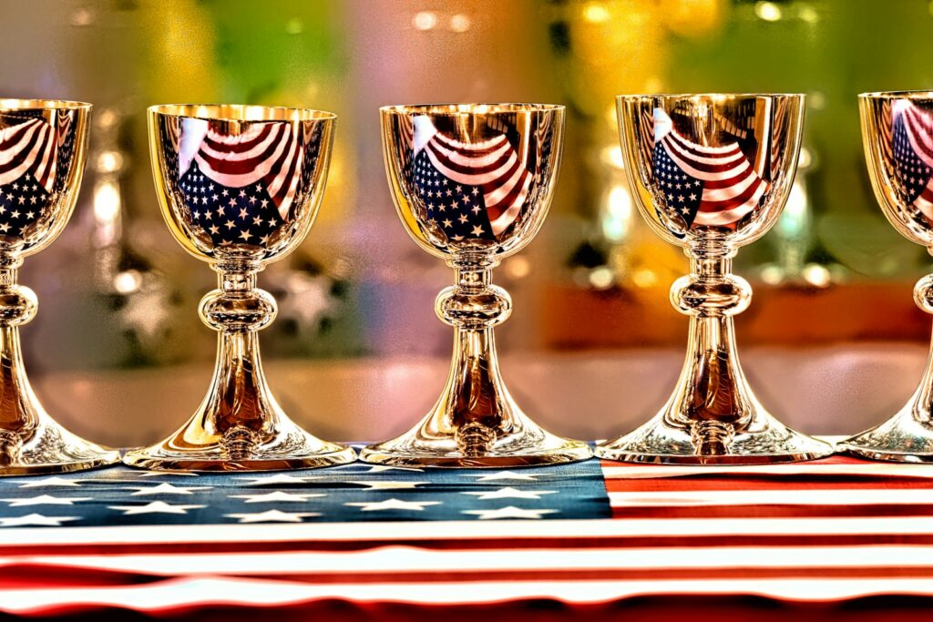 five gold goblets on flag of USA