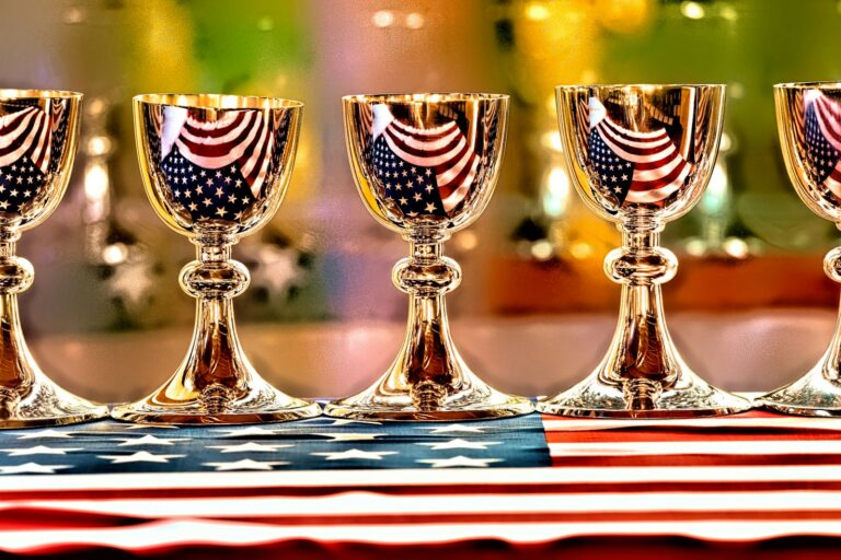 five gold goblets on flag of USA